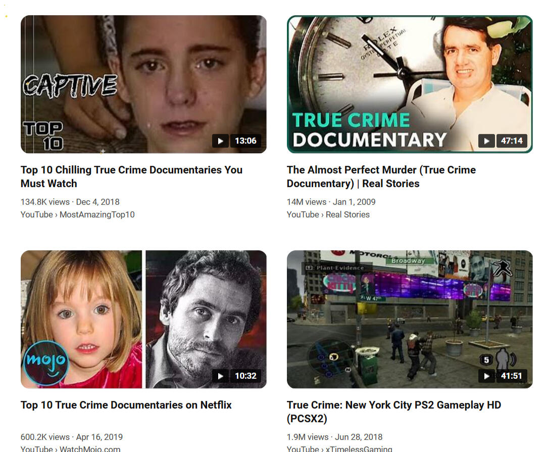True Crime Community Videos True Crime videos you may see on Youtube